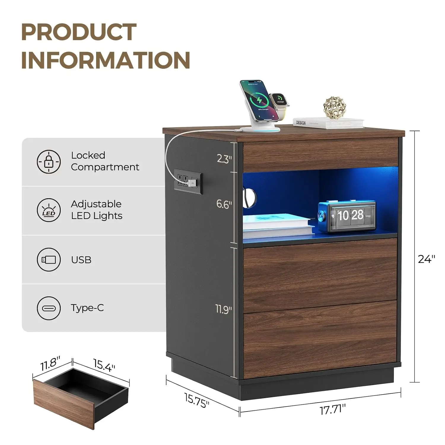 Locking Nightstand Hidden Compartment USB Type-C LED Bedside Bedroom Rustic Brown Customized