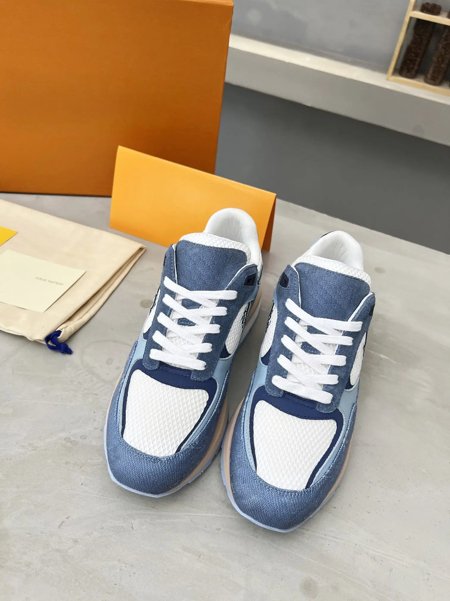 Unisex Blue Denim Retro Sneakers Multi Fabric Mesh Leather Splicing Low Top Layered Thick Sole Lace Up Non Slip Daily Running Casual Shoes