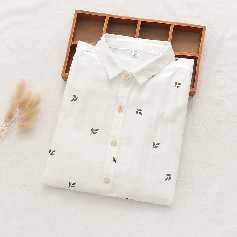 

Хлопковые женские рубашки с длинными рукавами с вышивкой, осень 2023, новые женские белые свободные повседневные дышащие блузки и топы с цветочным принтом