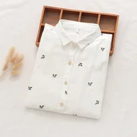 Camisas de manga larga de algodón bordado para mujer, blusas y Tops transpirables informales holgadas blancas con estampado Floral para otoño 2025