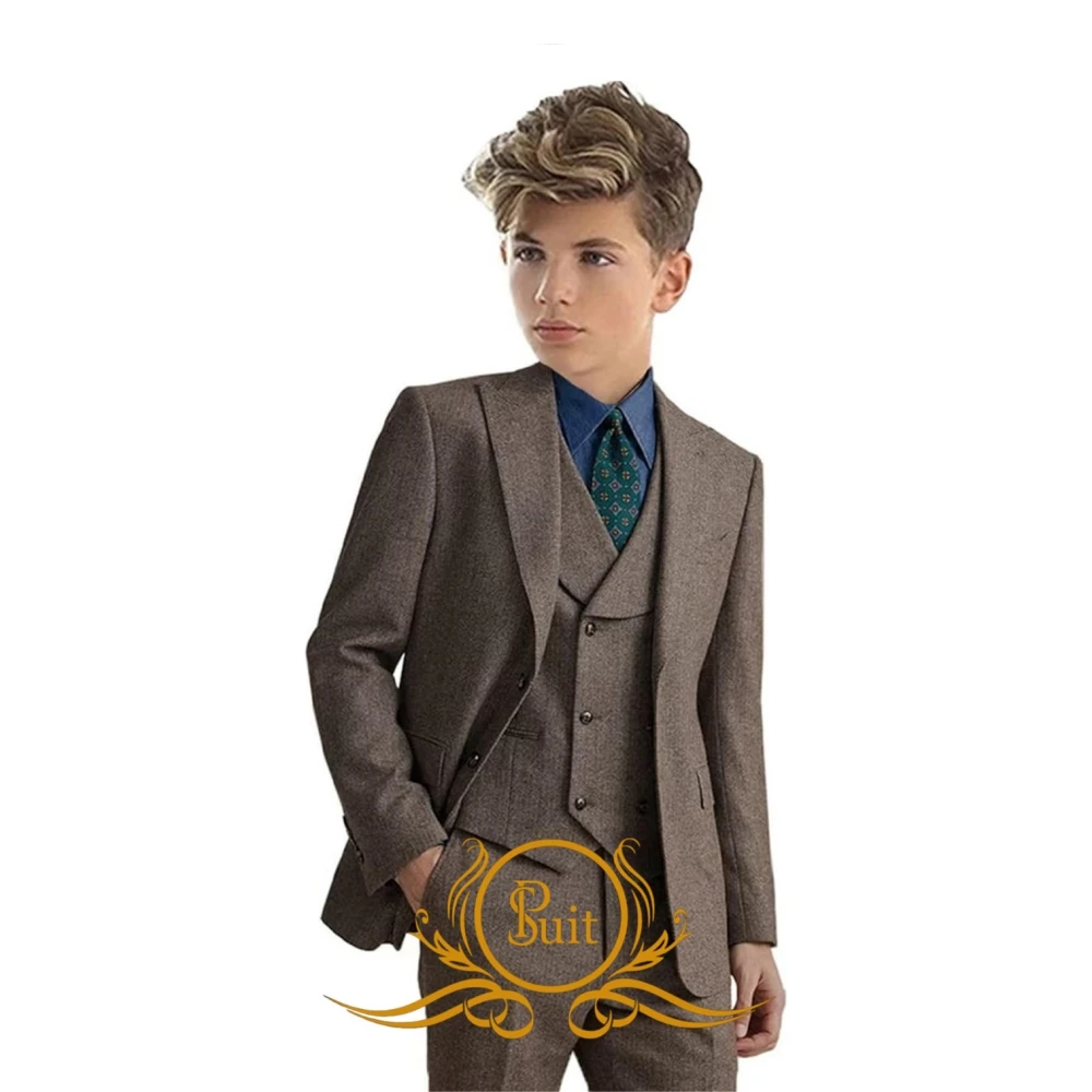 Herringbone Boy Suit Tweed Jacket Vest Pants 3 Pieces Set Wedding Party Formal Dress Clothes Slim Fit Suits for Boy