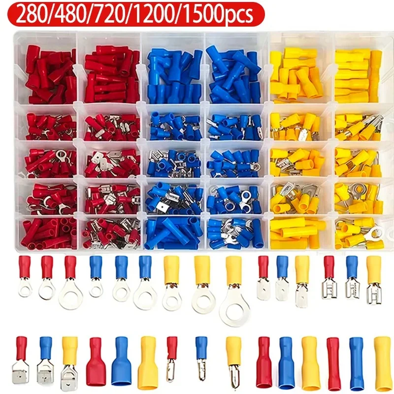 280/480/720/1200/1500pcs Quick Connect Terminal Kit - Cold Pressed Fork/Ring/Spade Lugs for Low Voltage DC Wiring Systems​
