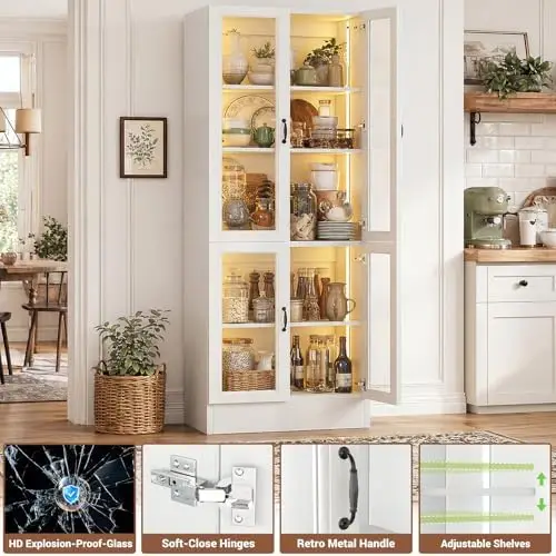 80" Display Cabinet with Glass Doors, 5-Tier Tall Bookcase with LED Light, Glass Display Case with Adjustable Shelves view 5