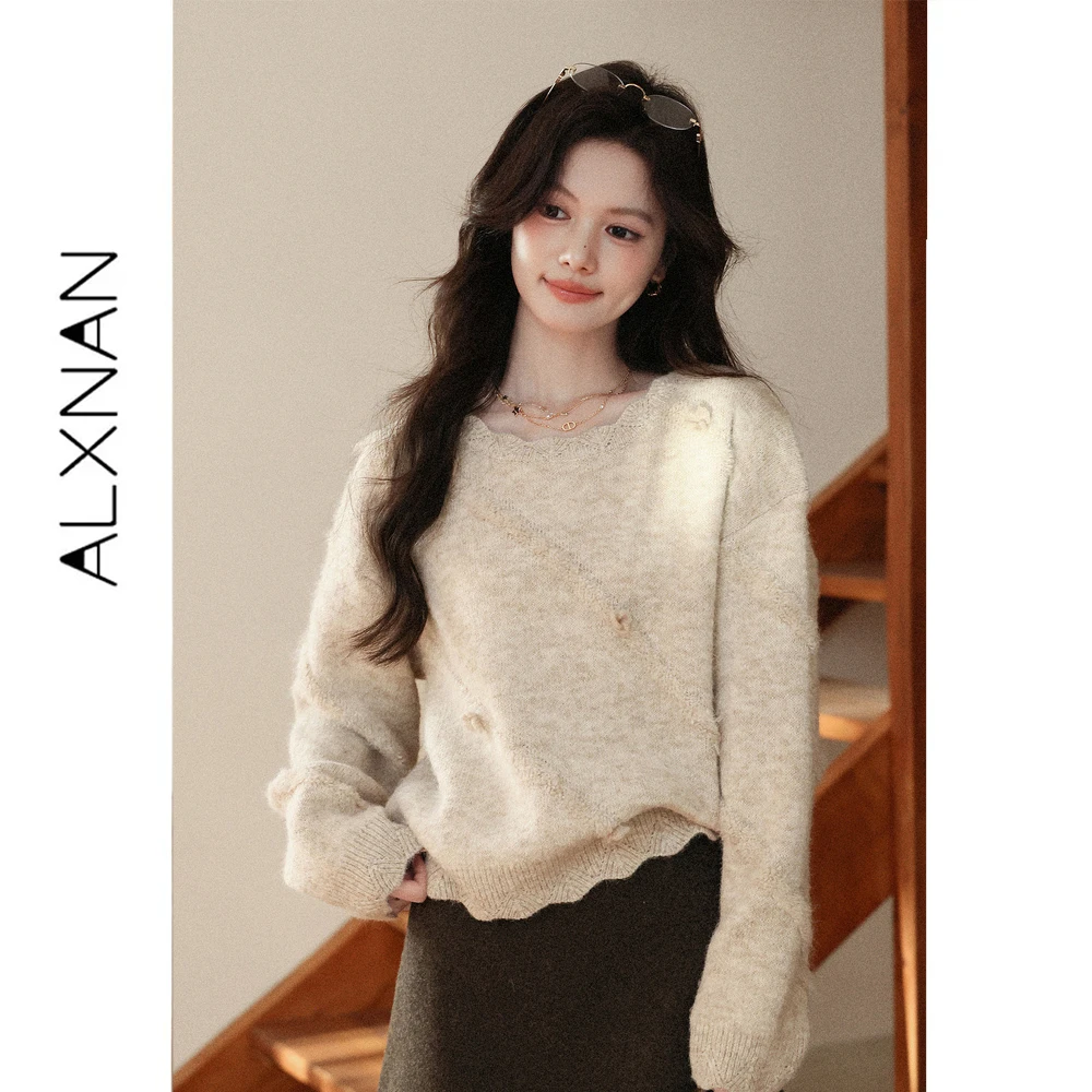 ALXNAN Apricot Sweater for Women Autumn Winter New Wavy Lace Design Loose-fit Elegant Pullover Long Sleeve Top Female L68618