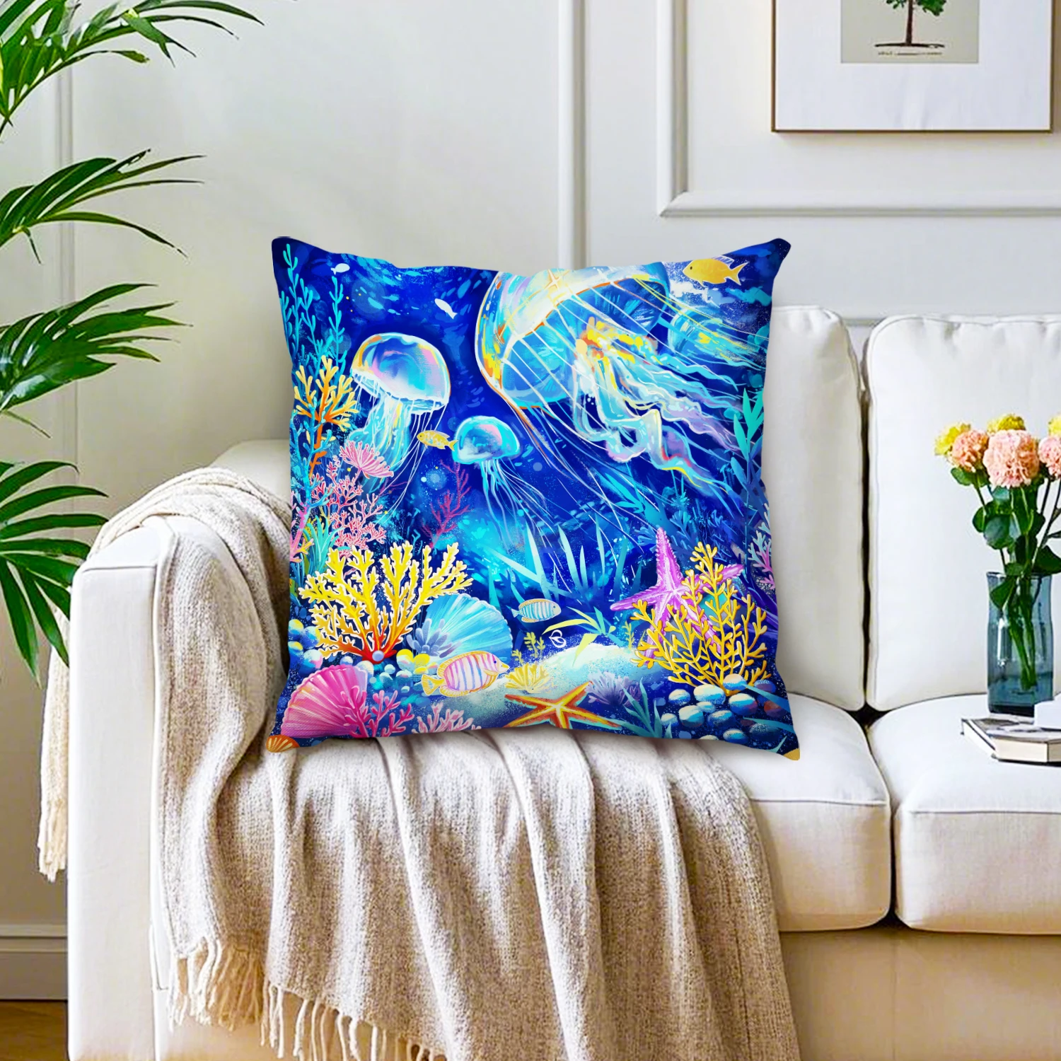 Jellyfish Pillow Cover Ocean Coral Tropical Fish Starfish Seashell Linen Cushion Case Coastal Nautical Sofa Bedroom Home Decor