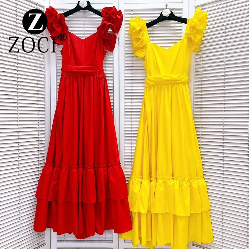 [zoci] Women Niche Strapless Pleated Ruffle Edge Vacation Elegant Backless Bow Camisole Dress