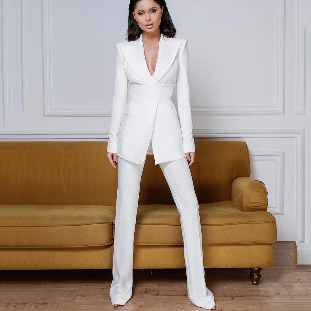 

White Women's Formal Pantsuit With Elongated Fitted Deep V Blazer With Wide Belt And High Waisted Flared Pants Bridal