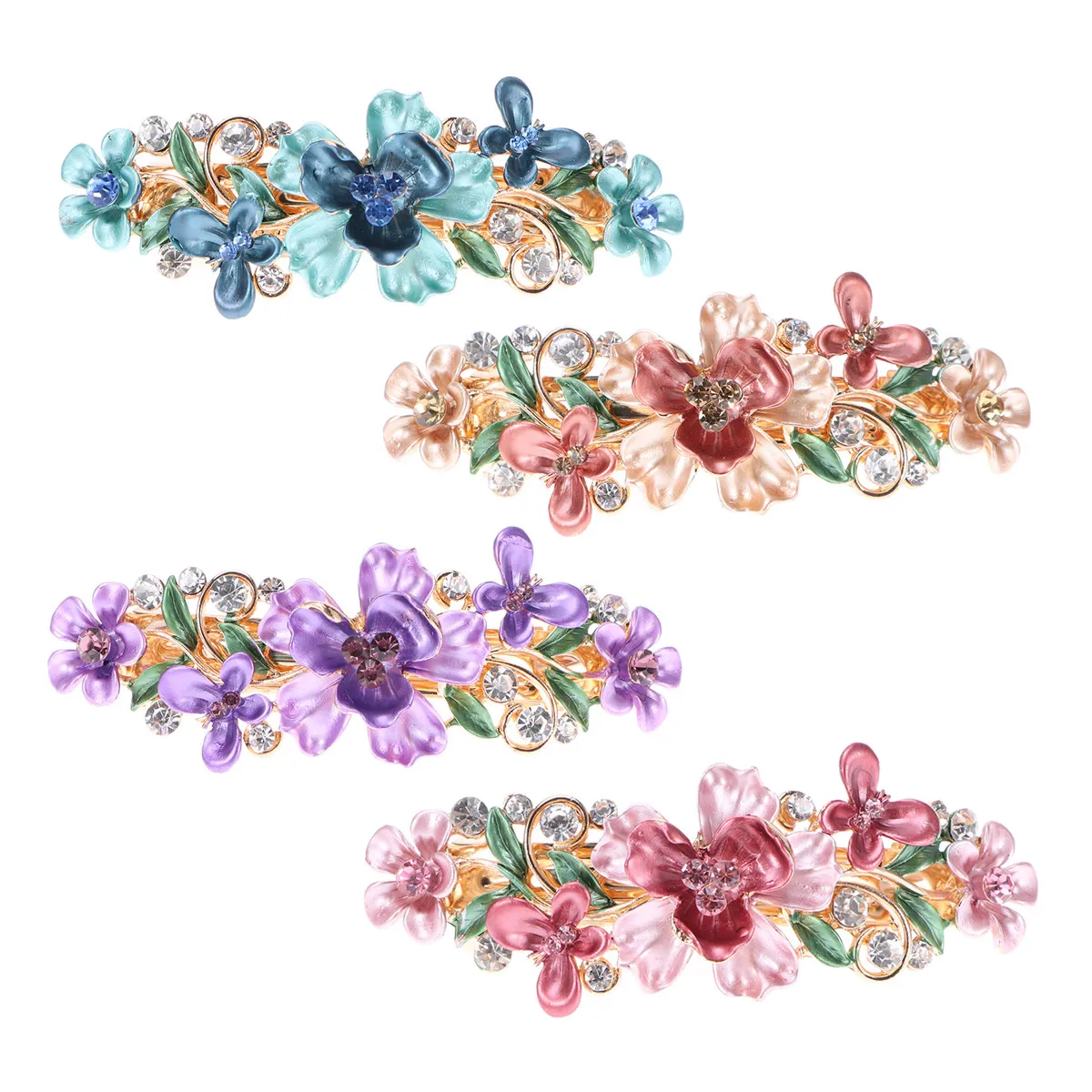 4Pcs Rhinestone Plum Blossom Flower Hair Clips Metal Barrettes for Women Girls Elegant Hair Jewelry Blue Pink Purple Coffee