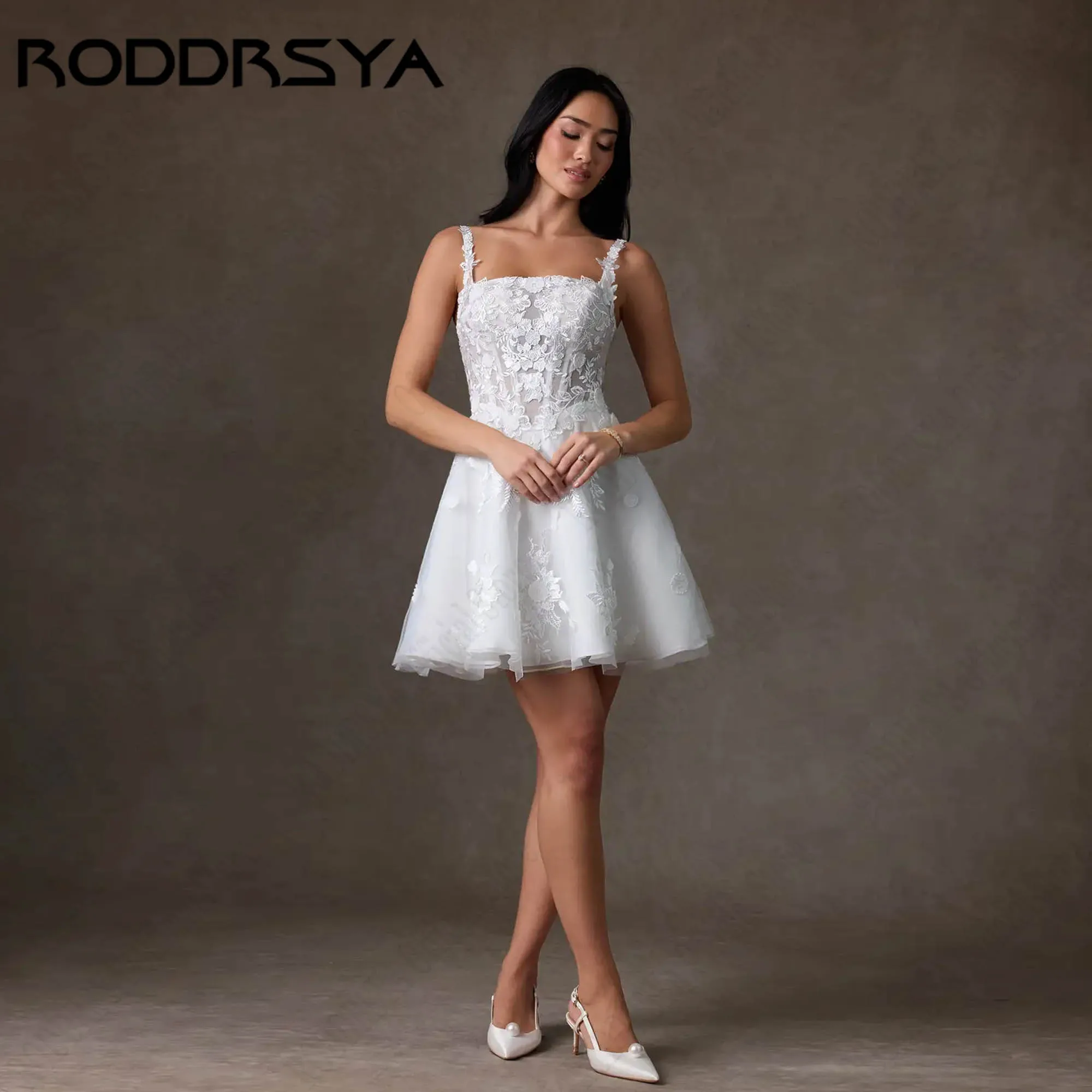 RODDRSYA Mini A-line Little White Wedding Dress for Destination Appliques Spaghetti Straps Backless Bridal Party Gown Customized