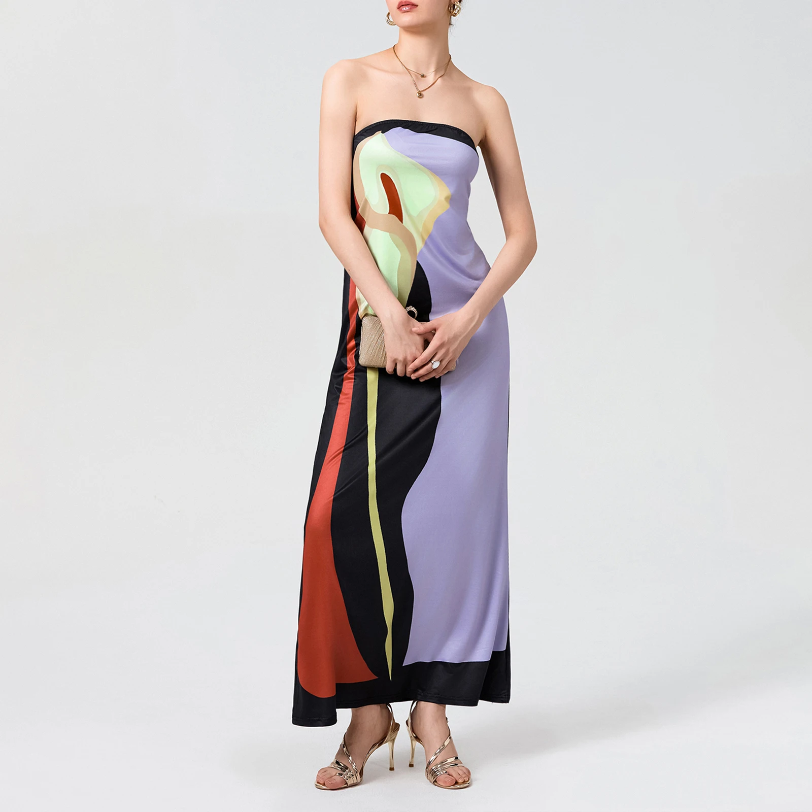 

Sexy Women's Strapless Abstract Print Tube Maxi Dress Fashion Sleeveless Off Shoulder Long Sundress Summer Loose Beach Dress