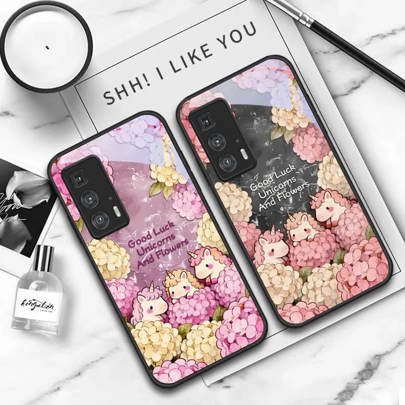 Cute cartoon pink unicorn For Motorola Moto Edge 20 Lite 30 Pro 40 Neo 50 Ultra G Play G45 G54 G55 G75 G84 G85 Glass Phone Case view 5