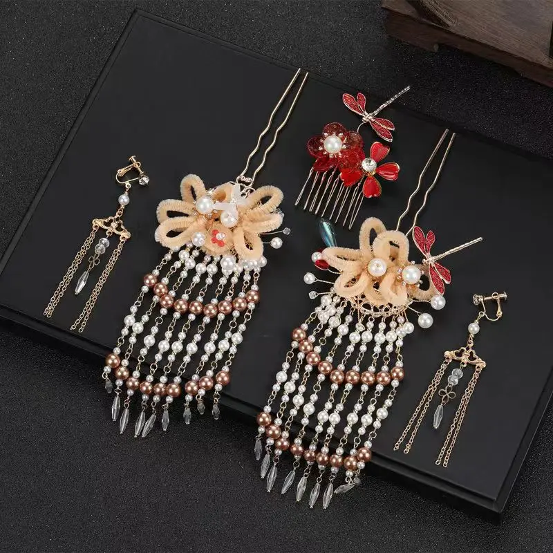 Red Velvet Flower Ancient Chinese Hair Stick for Bride Xiuhe Hairpin Hanfu Accessories  Wedding Earrings Set