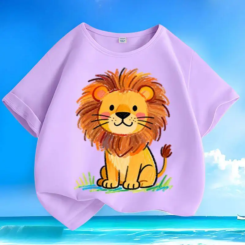 New Summer Graffiti Cute Lion Pure Cotton Printed Children's Round Neck T-shirt Loose Casual Short Sleeved Parent-child Top view 5
