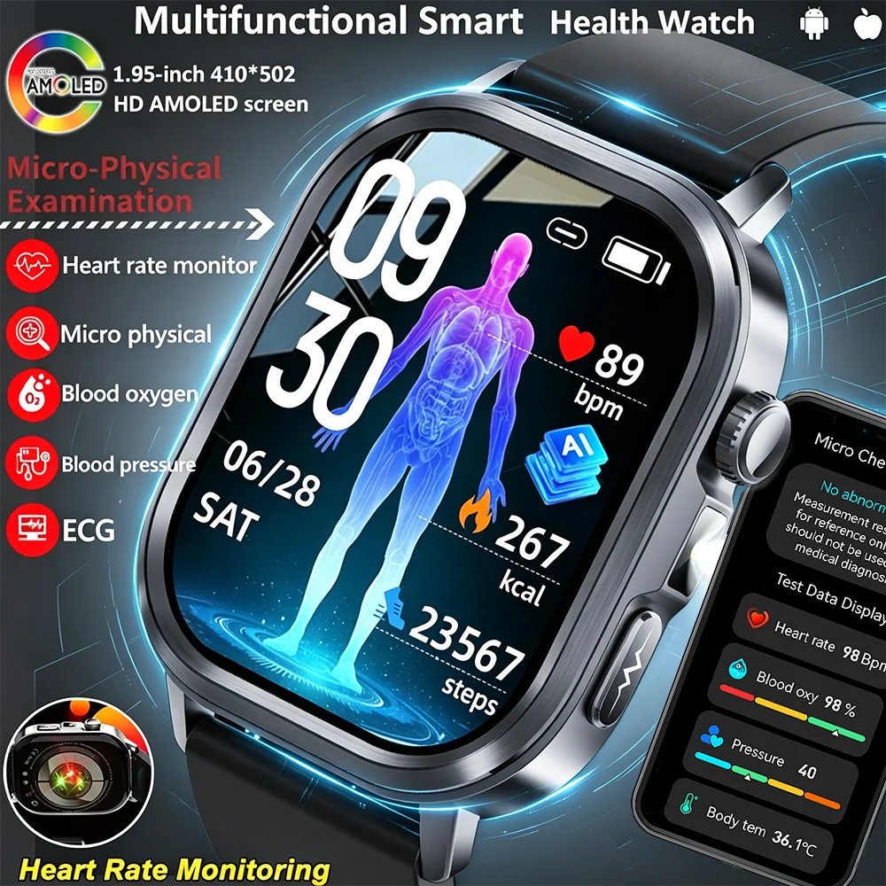 Montre connectée de santé ECG Plus PPG 2025 avec test précis de la pression artérielle, de l'acide urique, de l'oxygène sanguin, de l'analyse de la graisse corporelle et lampe torche LED
