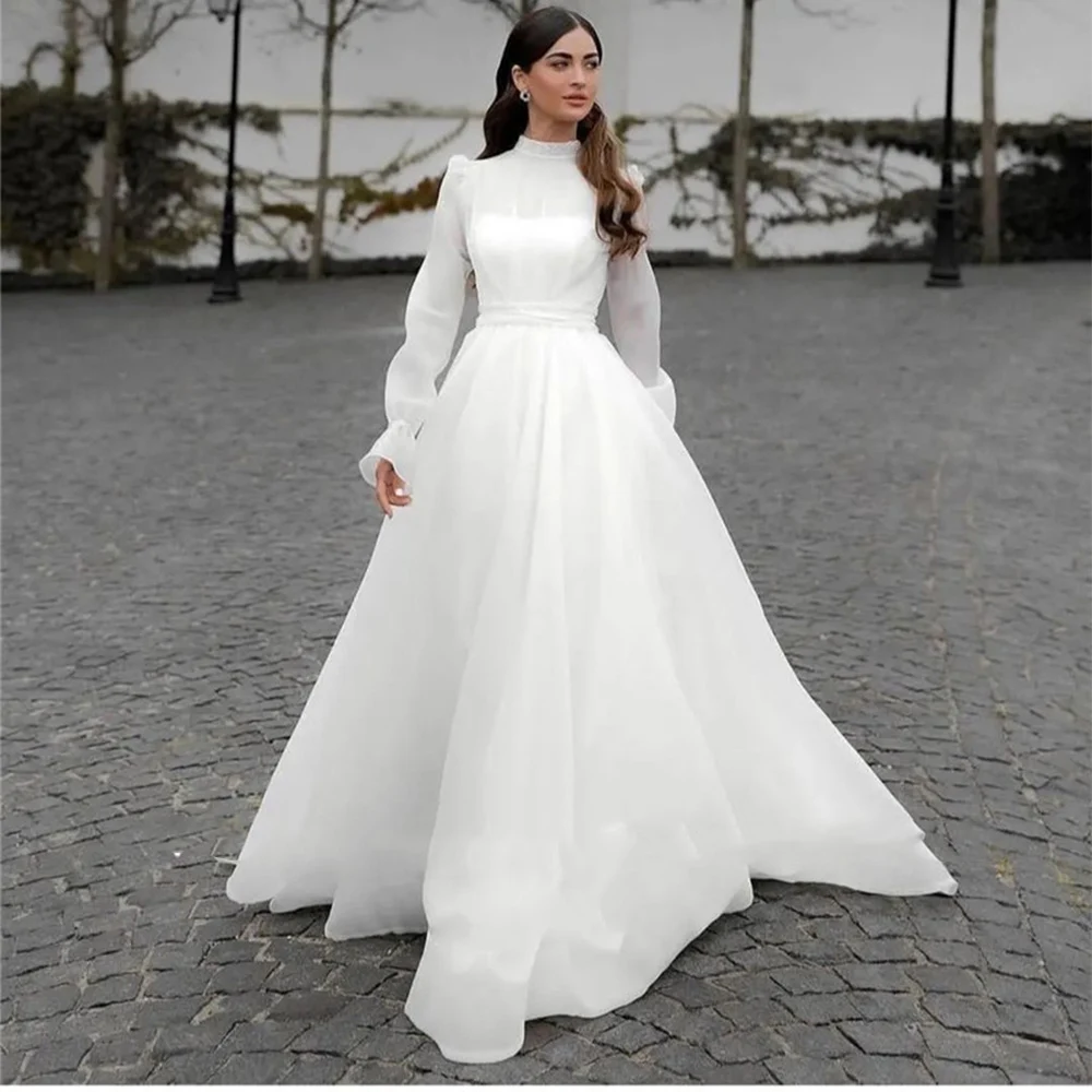 Robe de Mariée Trapèze en Organza à Manches sulfpour Femme Arabe, Magnifique, sur Mesure, Modeste, Dubaï