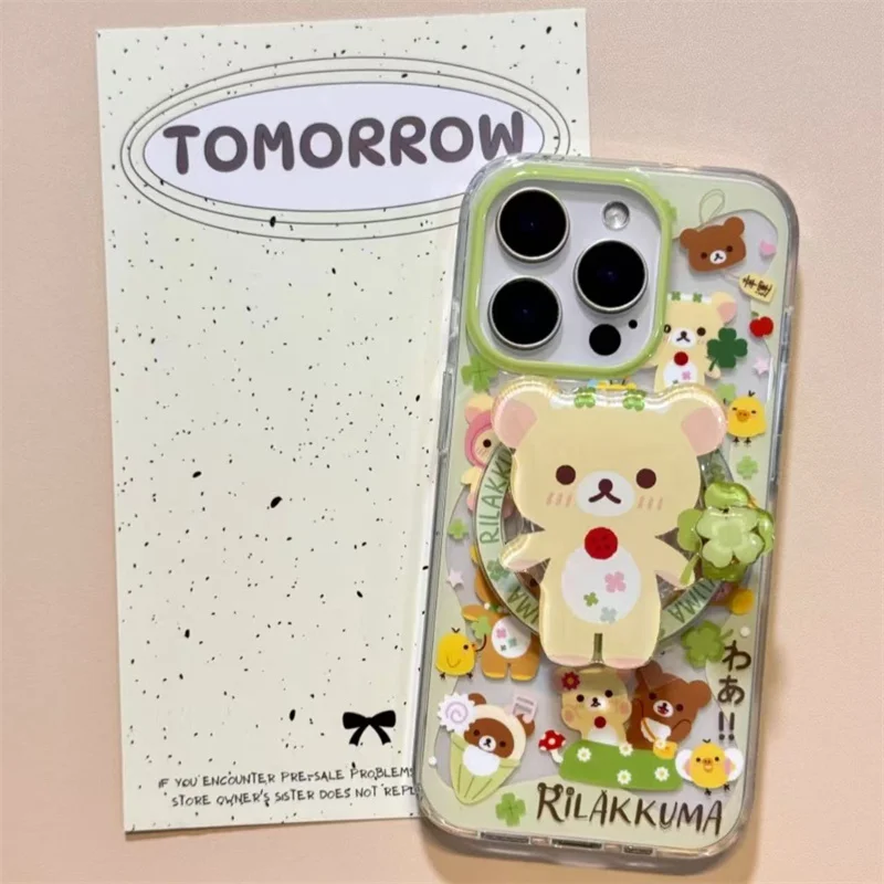 Magnetische Schutzhülle mit bemaltem vierblättrigem Kleeblatt-Bären-Design und drehbarem magnetischem Halter für iPhone 12, 13, 14, 15, 16, 17, 18 Pro Max. – Detail 3