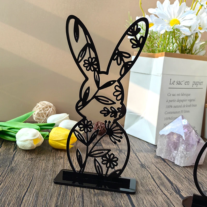 Easter Rabbit Black Acrylic Table Ornament Hollow Out Easter Bunny Egg Flower Tabletop Decorations Easter Party Supply Kids Gift