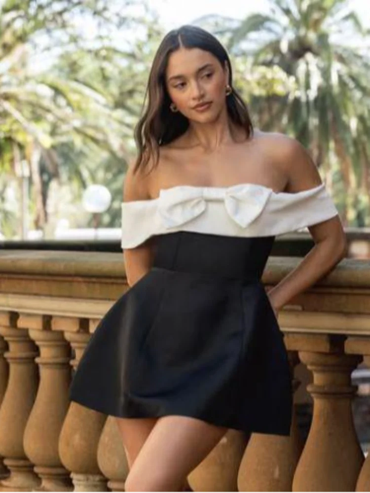 

elegant Contrast Bow Strapless Mini Dress Women Backless Off Shoulder High Waist Pleated A-line Dresses Lady Evening Party Gowns