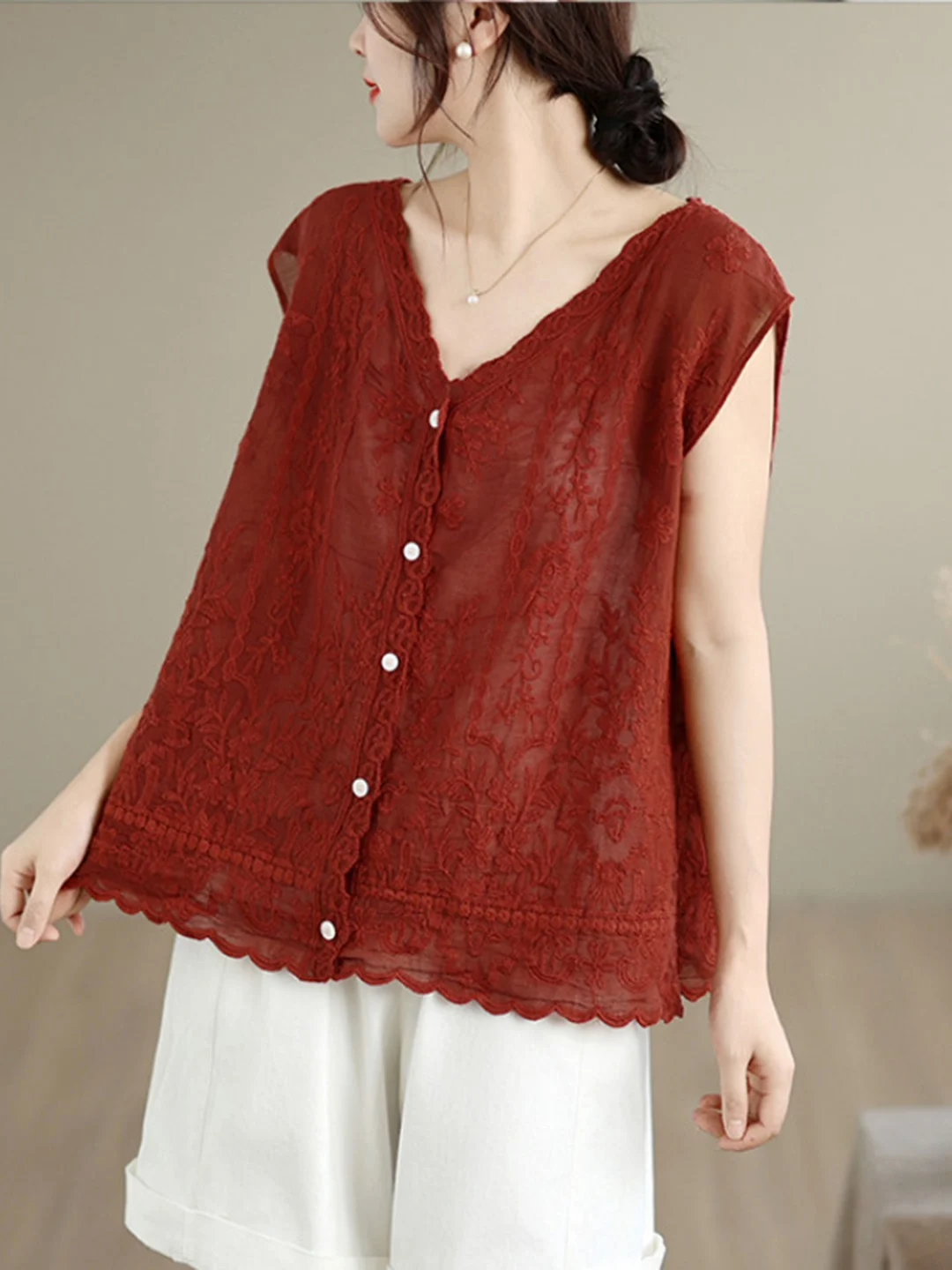 Summer New Heavy Embroidery Vest Large Size Women's Artistic Casual Versatile V-neck Canvas Top Thin Cotton Polyester Sleeveless view 4