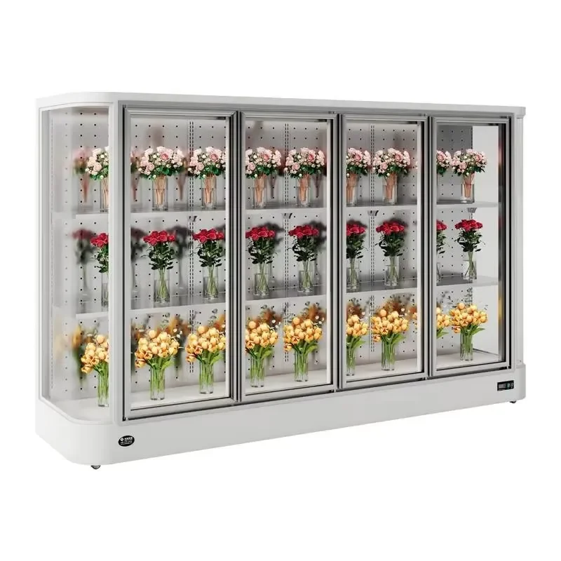 Commercial Glass Door Air-Cooled Cooler Refrigerator with Floral Display and Automatic Defrost Freezer