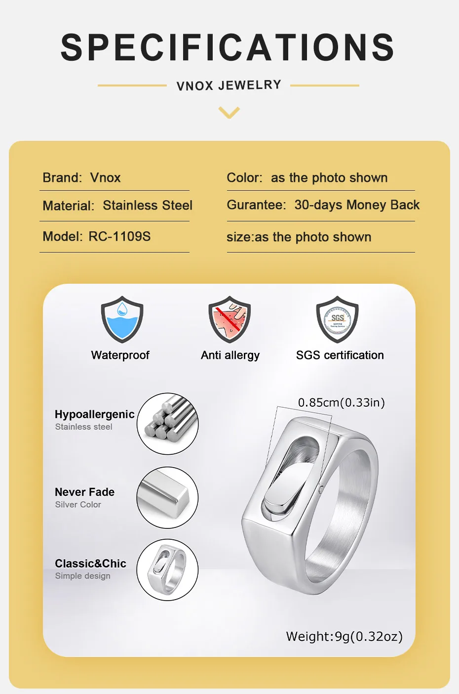 Vnox drehbarer Edelstahl-Spinner-Ring für Herren, geometrisches, quadratisches Fidget-Armband, silberfarben, für den täglichen Gebrauch, Schmuck, Geschenk, Größe 7–12. – Detail 5