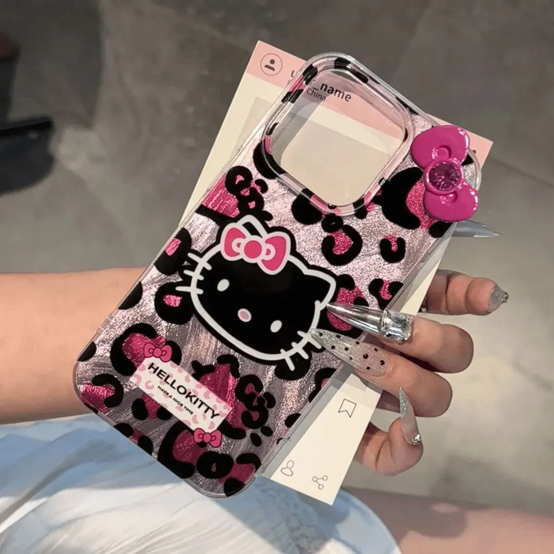 Sanrio Hello Kitty Leopard Print Black KT Phone Case For iPhone 16 15 14 12 13 11 Pro Max XR XS MAX 7 8 PLUS MINI Y2K Cute Cover