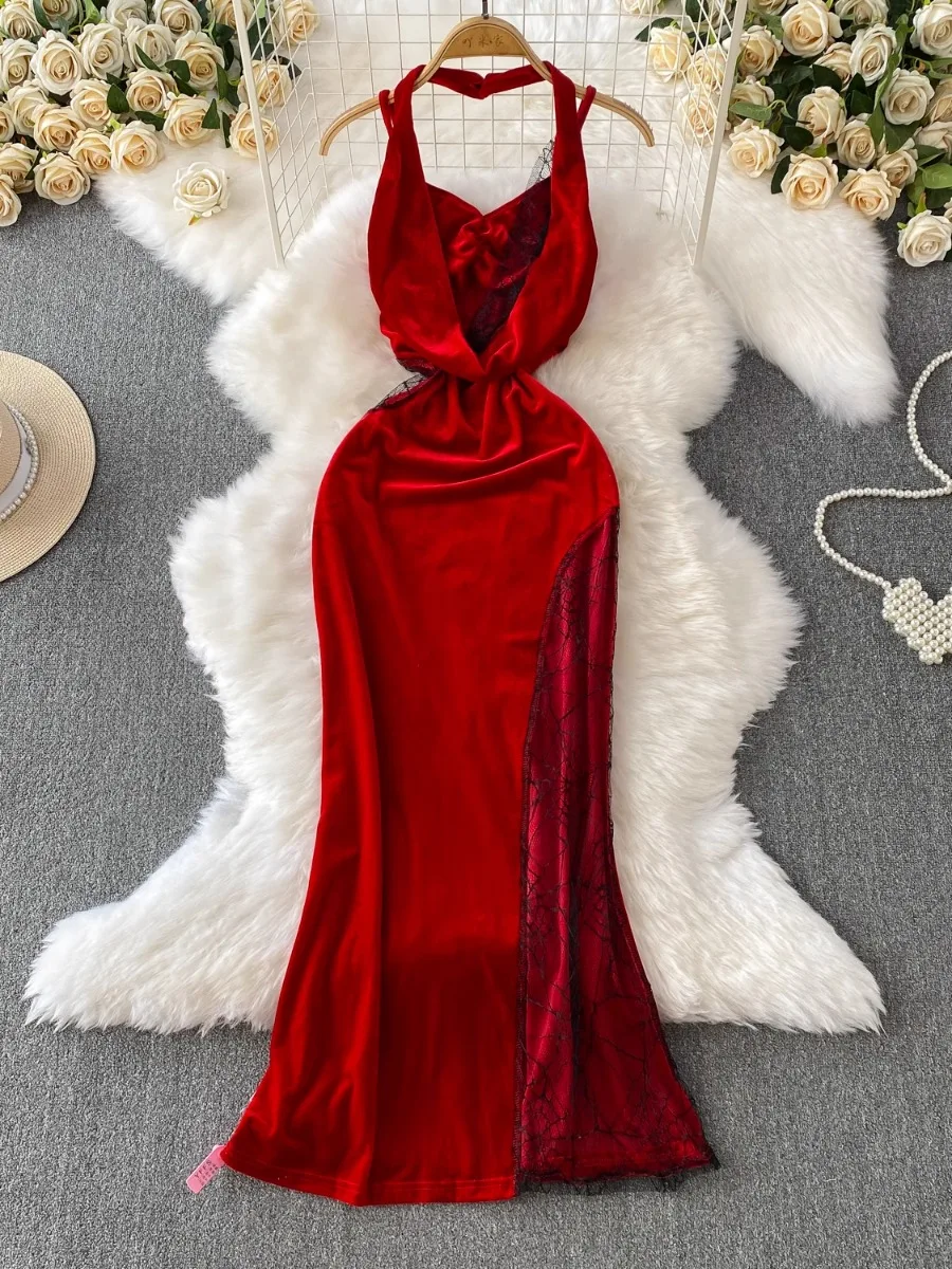 

Foamlina Sexy Lace Splicing V-Neck Long Dress Women's Summer American Slim Waist Elegant Fishtail Red Evening Party Dresses