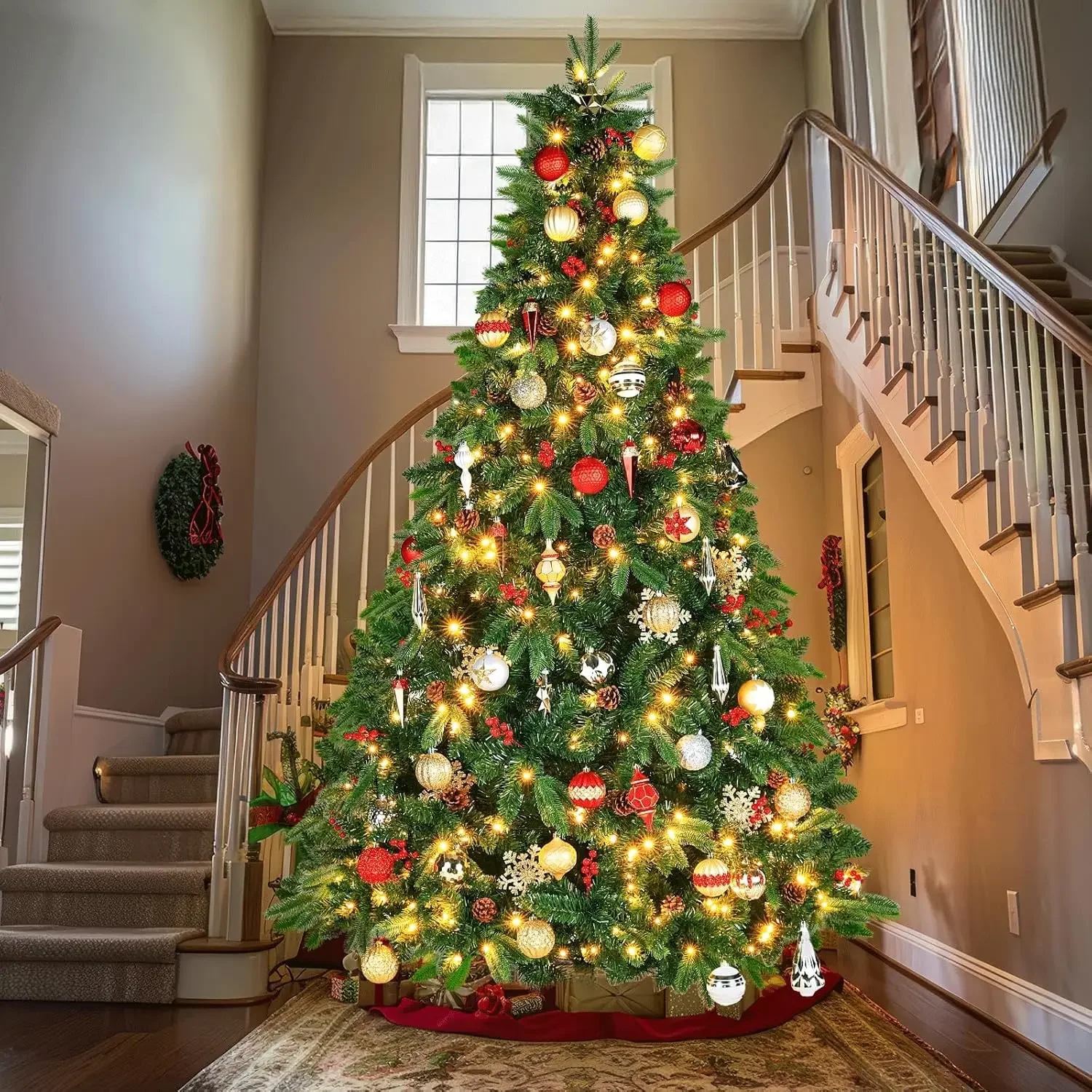 8ft Pre-Decorated Christmas Tree, Pre-Lit Artificial Holiday PE&PVC Mixed Spruce Tree, w/1450 Brances, 47Pine Cones