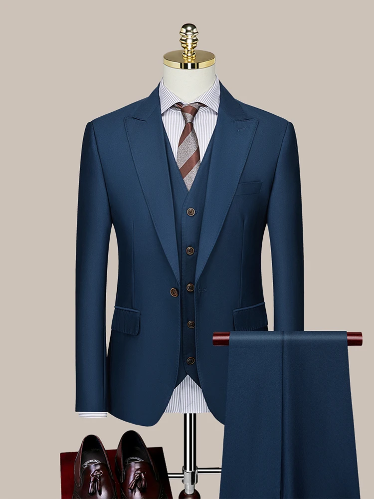 Mens Suits Set Blazer Vest Pant Formal Clothing Deep Blue Casual Korea Style Wedding Groom Wear Slim Business Man Suit Plus Size