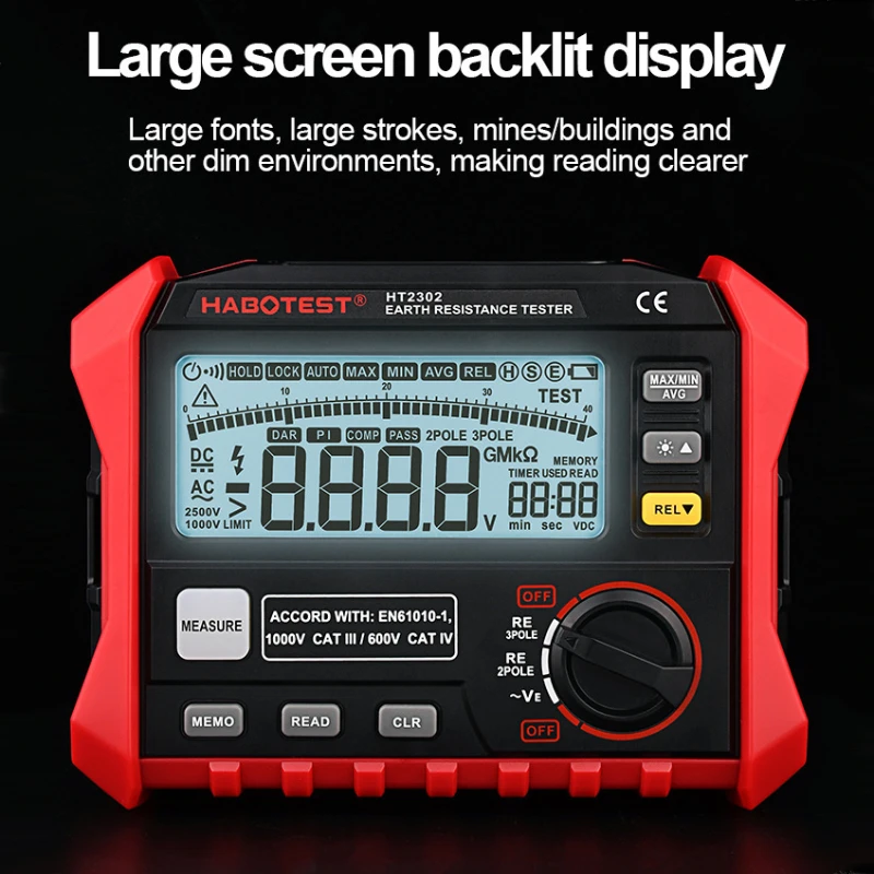 Earth resistance tester Ground Resistance Second-line Three-wire Store 100 sets of data Large screen Flexible button Upgraded