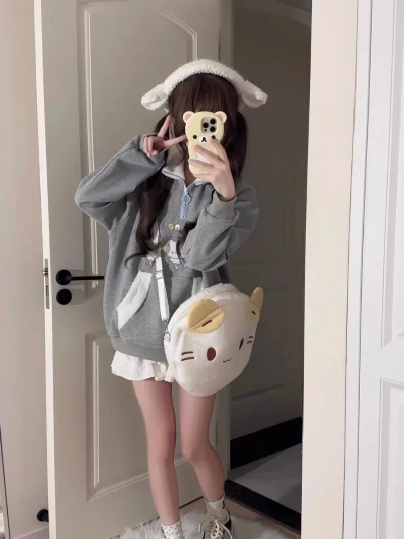 Japanese Subculture Y2k Millennial Two-dimensional Kitten Embroidered Plush Stand-up Collar Winter Loose Top Sweater For Women
