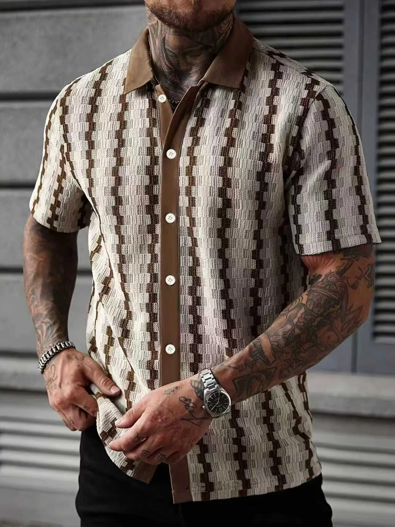 

Men's jacquard knit short-sleeve shirt, summer casual daily wear