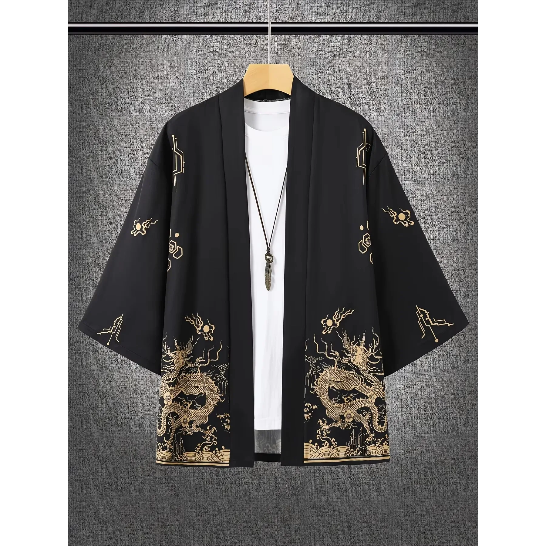 Mens Chinese Golden Dragon Print Haori Kimono Cardigan Open Front Loose Fit Lightweight Casual Summer Beach Vacation Outerwear