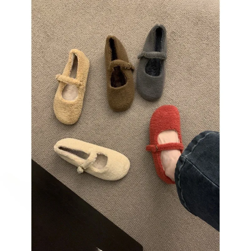 Fashion Round Toe Wool Ballet Flats Woman Concise Warm Plush Loafers Ladies Brand Design Fluffy Mary Jane Shoes In Red Grey