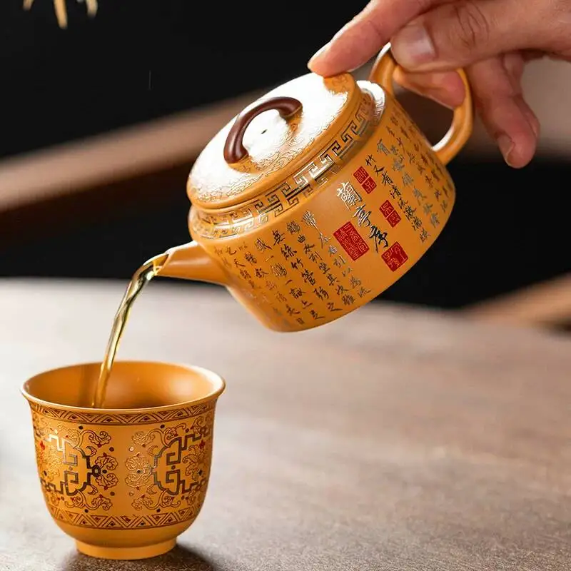 Authentic Ceramic Gold Lan Ting Xu Yellow Clay Purple Sand Teapot Handmade Brewing Single Pot Household Tea Cup Set