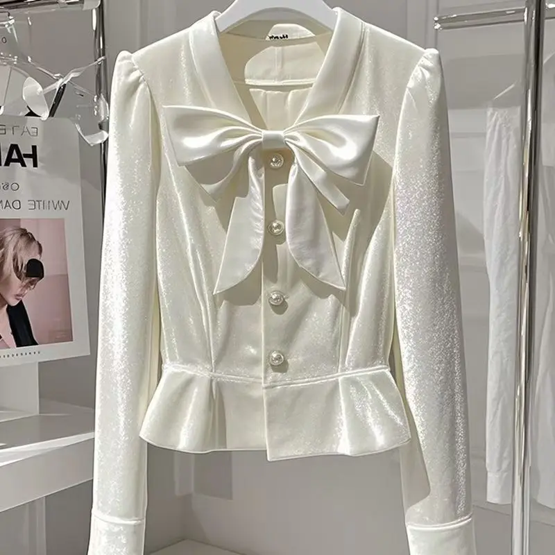 

French Temperament V-neck Bow Long Sleeve Blouses Women Shirts Top Autumn New Chic Sweet Office Lady White Shirt for Women