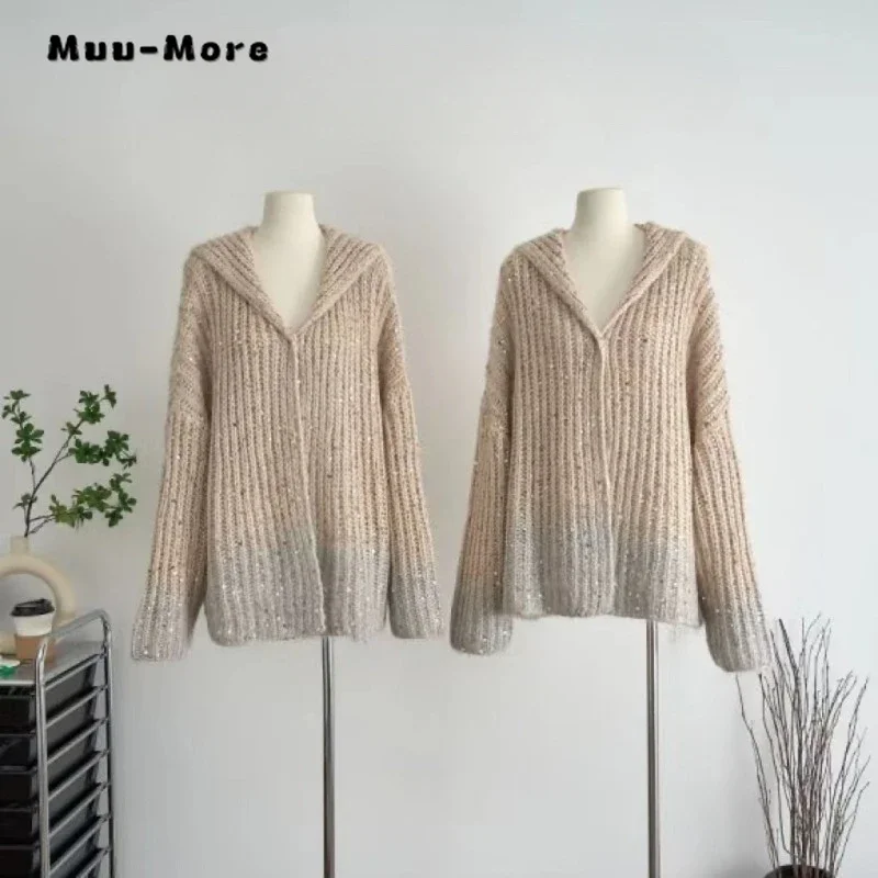 

2023 Winter Retro Hooded Casual Single Breasted Sweater Women Vintage Gradient Jumpers Knit Long Sleeve V-neck Loose Cardigans