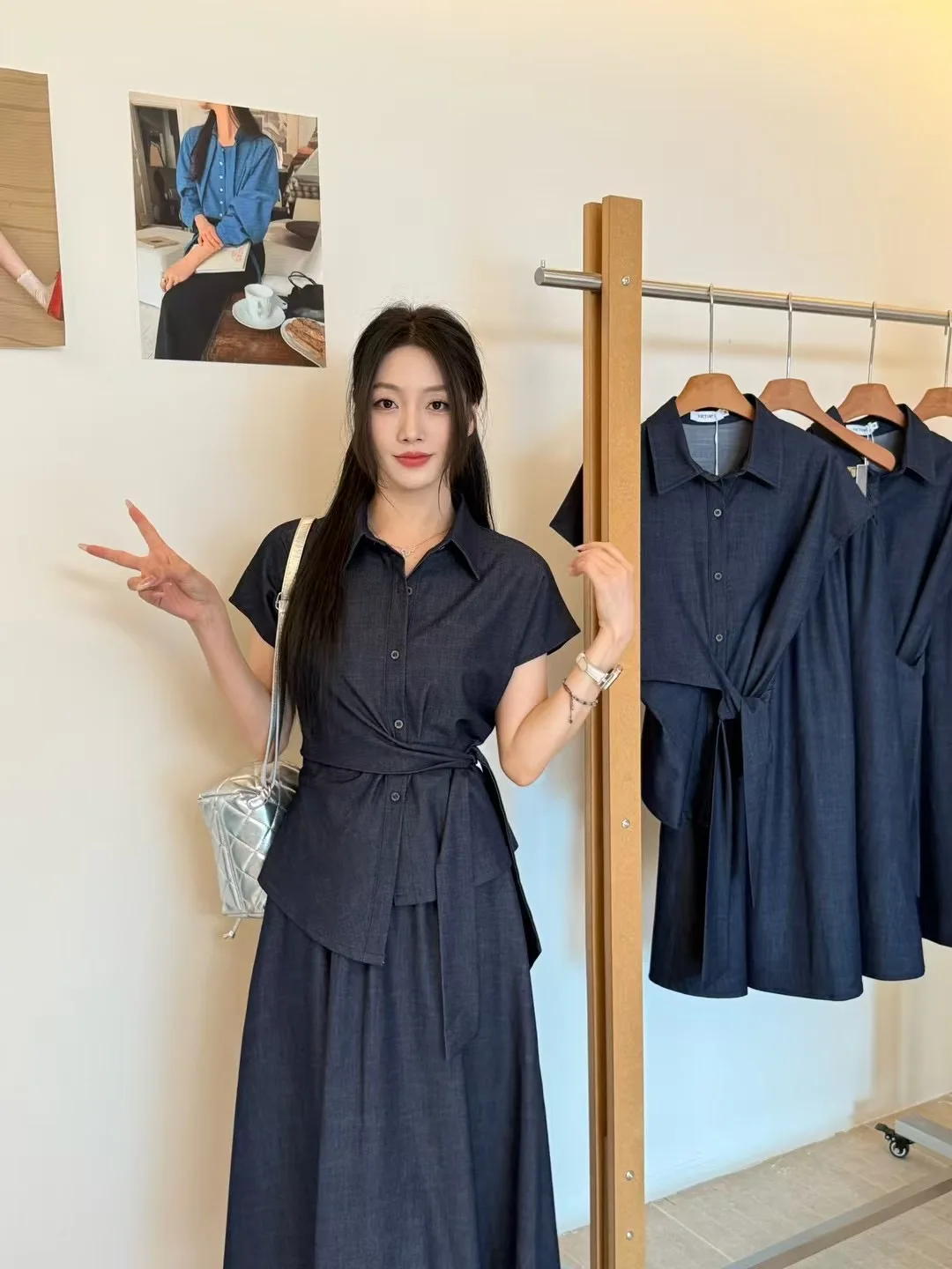 

Повседневный летний женский джинсовый топ-бандо для похудения и юбка из двух предметов, модный корейский хлопковый комплект на пуговицах