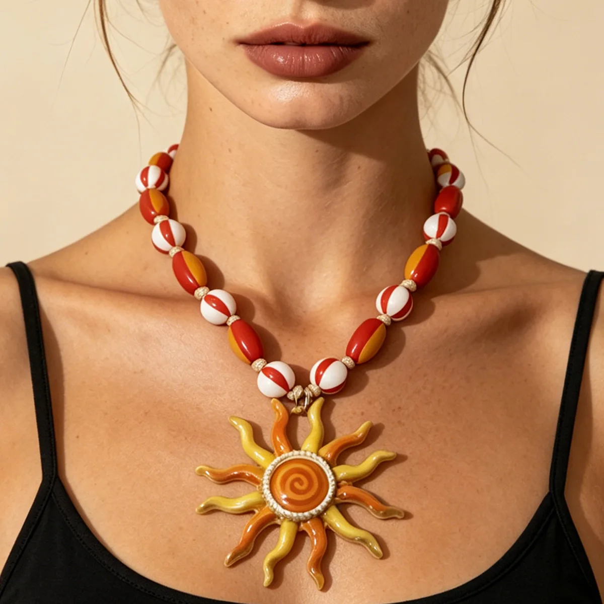Bohemian vacation style sun pendant contrasting color beaded necklace seaside outing atmosphere women's necklace