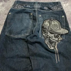 American Y2k Hip Hop Wide Leg Pants Gothic Zipper Skull Embroidered Jeans Men Harajuku Vintage High Waist Casual Jeans Unisex