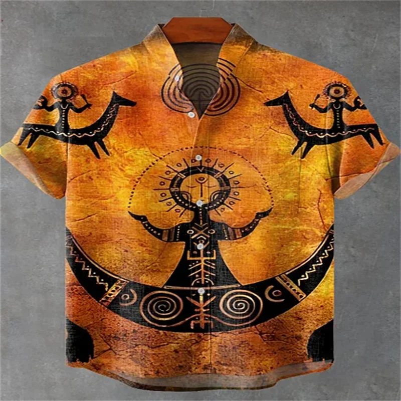 Men's Retro Ethnic Tribal Short Sleeve Shirt Vintage African Style Tops Casual Fashion Holiday Trend Street Men's Shirt