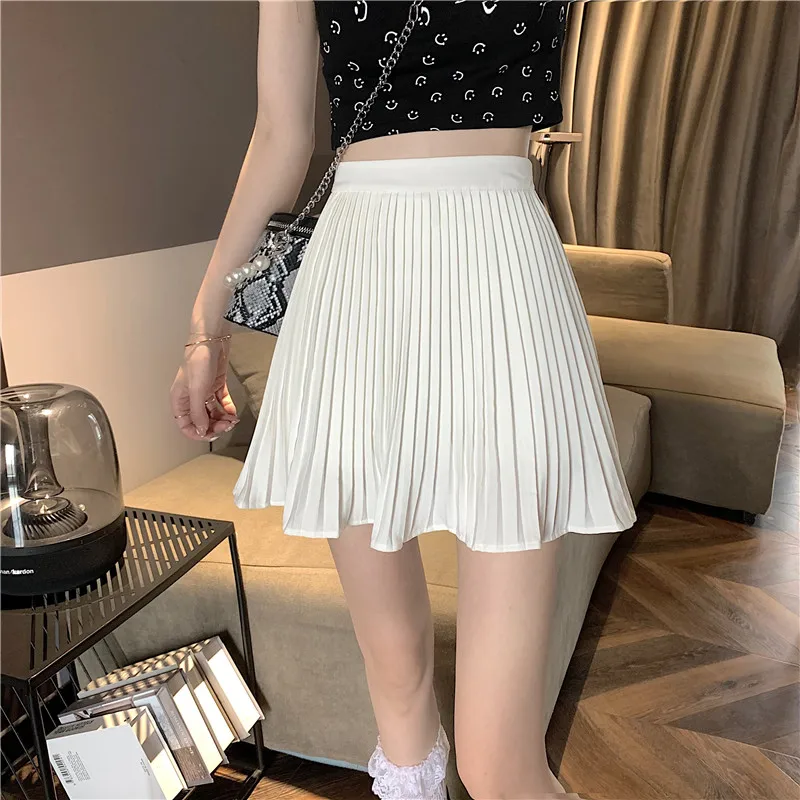 Real shot spot spring and summer Korean pleated miniskirt Joker skirt female high waist slim A-line skirt solid color