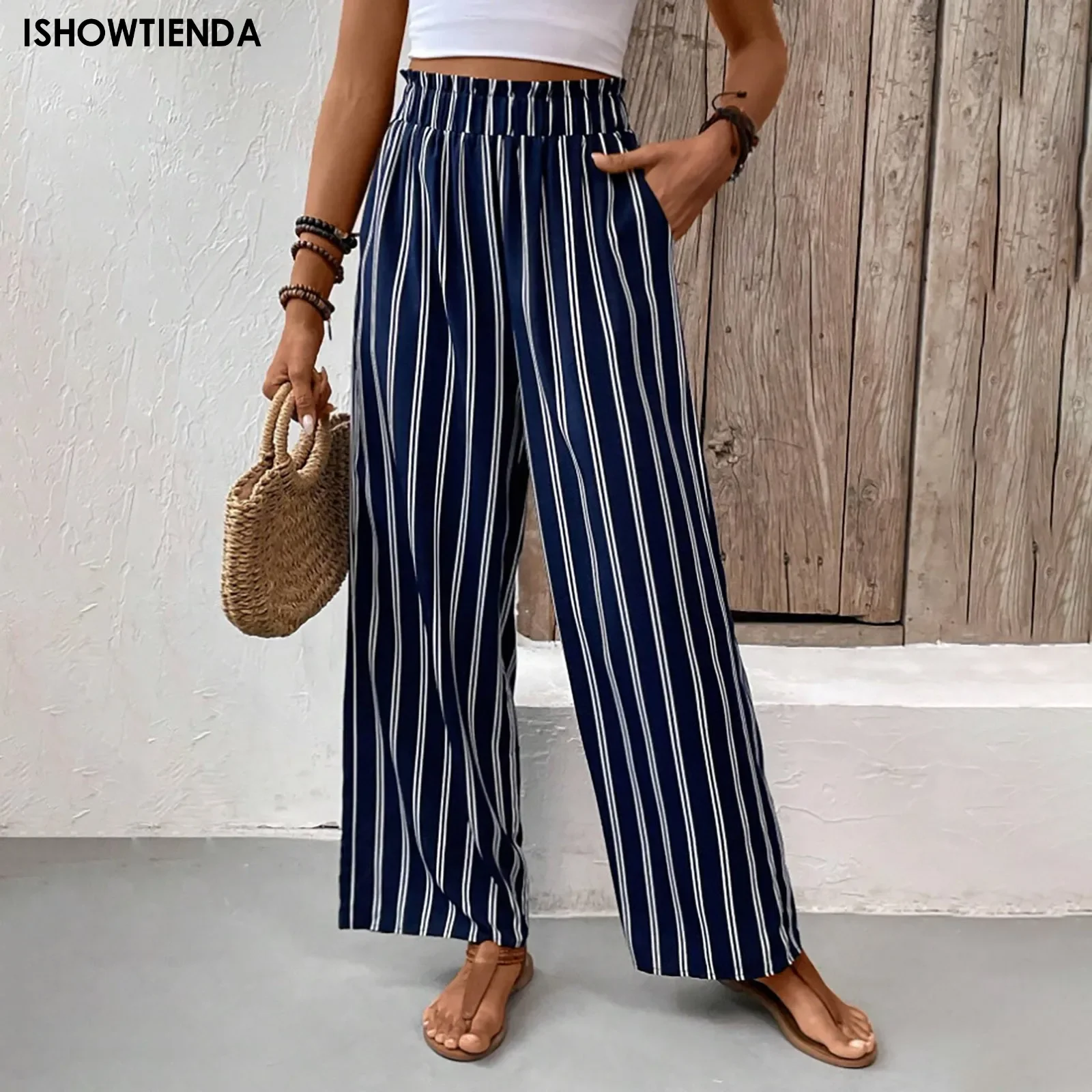 

Pants Spring Summer Striped Loose Long Pants Chic Fashion Women's Elastic Band Drawstring Straight Leg Trousers Streetwear