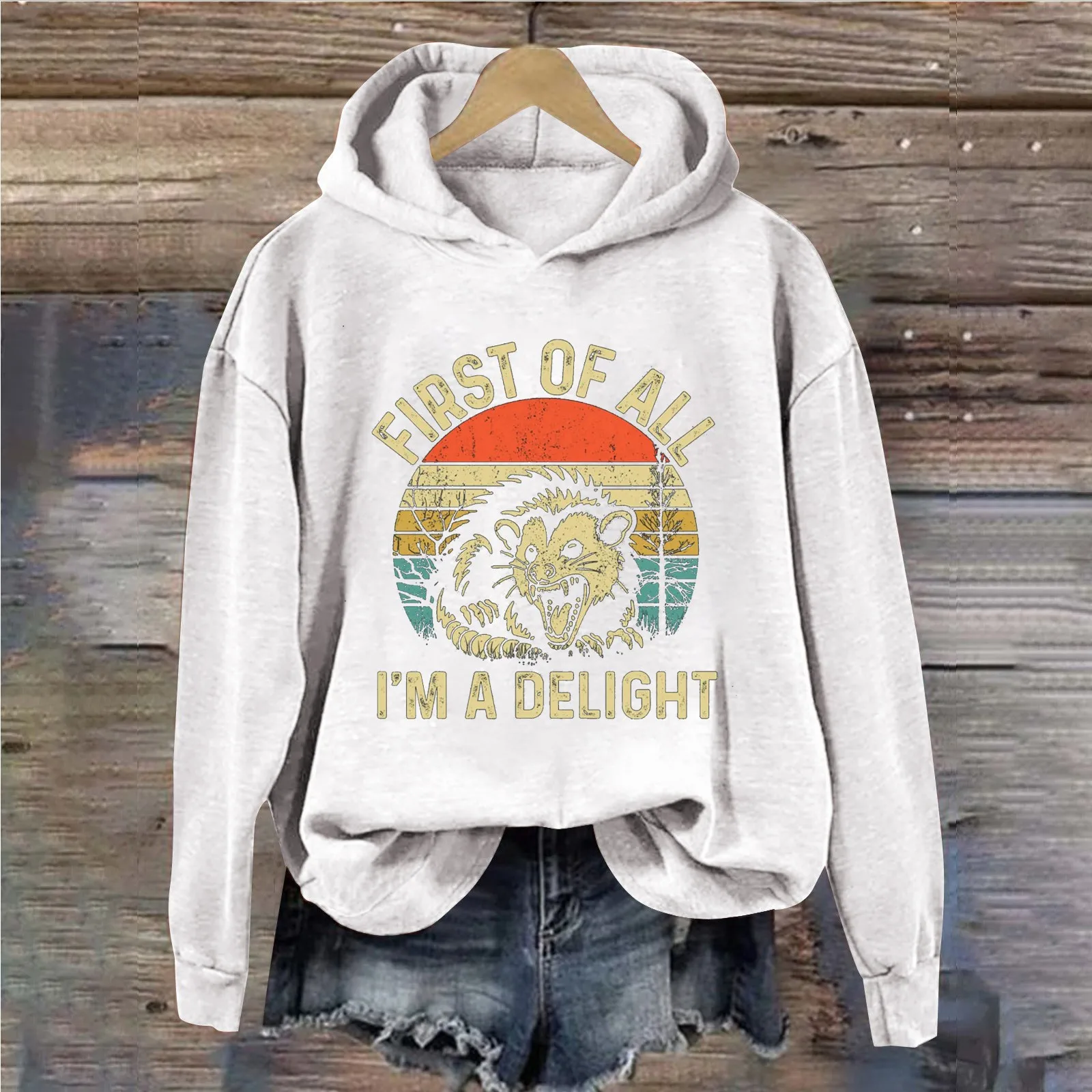 Vintage Y2k Sweater Drop Shoulder Long Sleeve Hooded Sweatshirt First Of All I'M A Delight Funny Roaring Mouse Graphic Hoodies