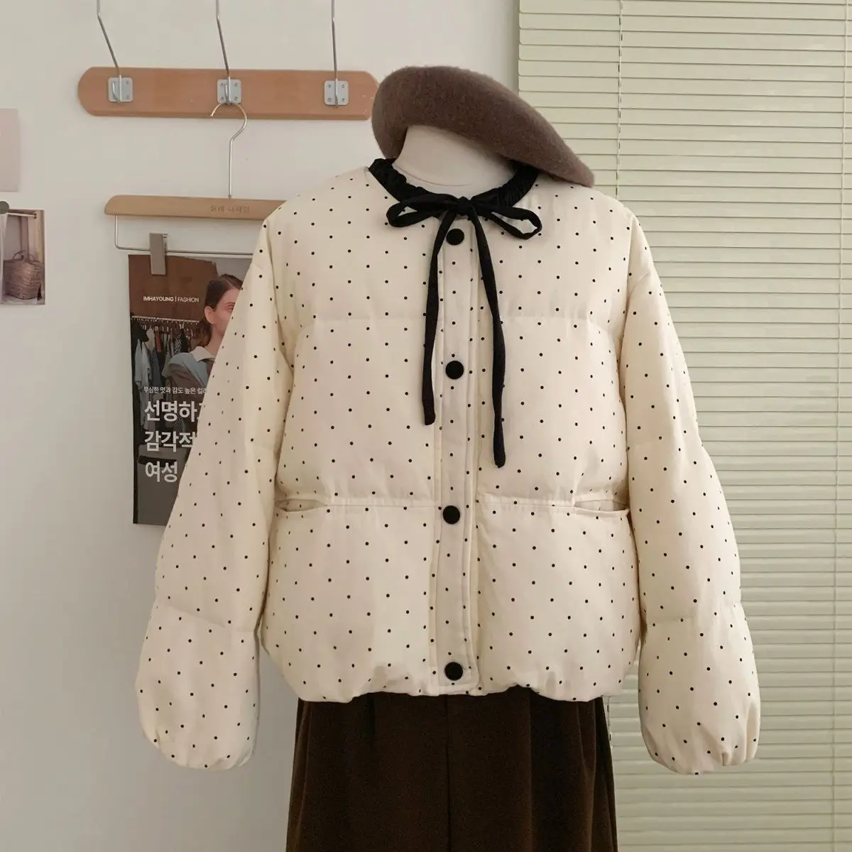 

Korean polka dot cotton clothes with ties and bows, bread clothes, winter new fashion, warm jacket for women