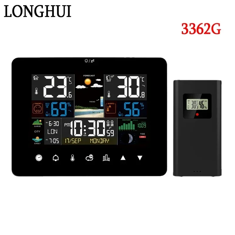 

3362G LCD Touch Screen Weather Station Alarm Clock Electronic Thermometer Hygrometer Weather Forecast Wireless Outdoor Sensor