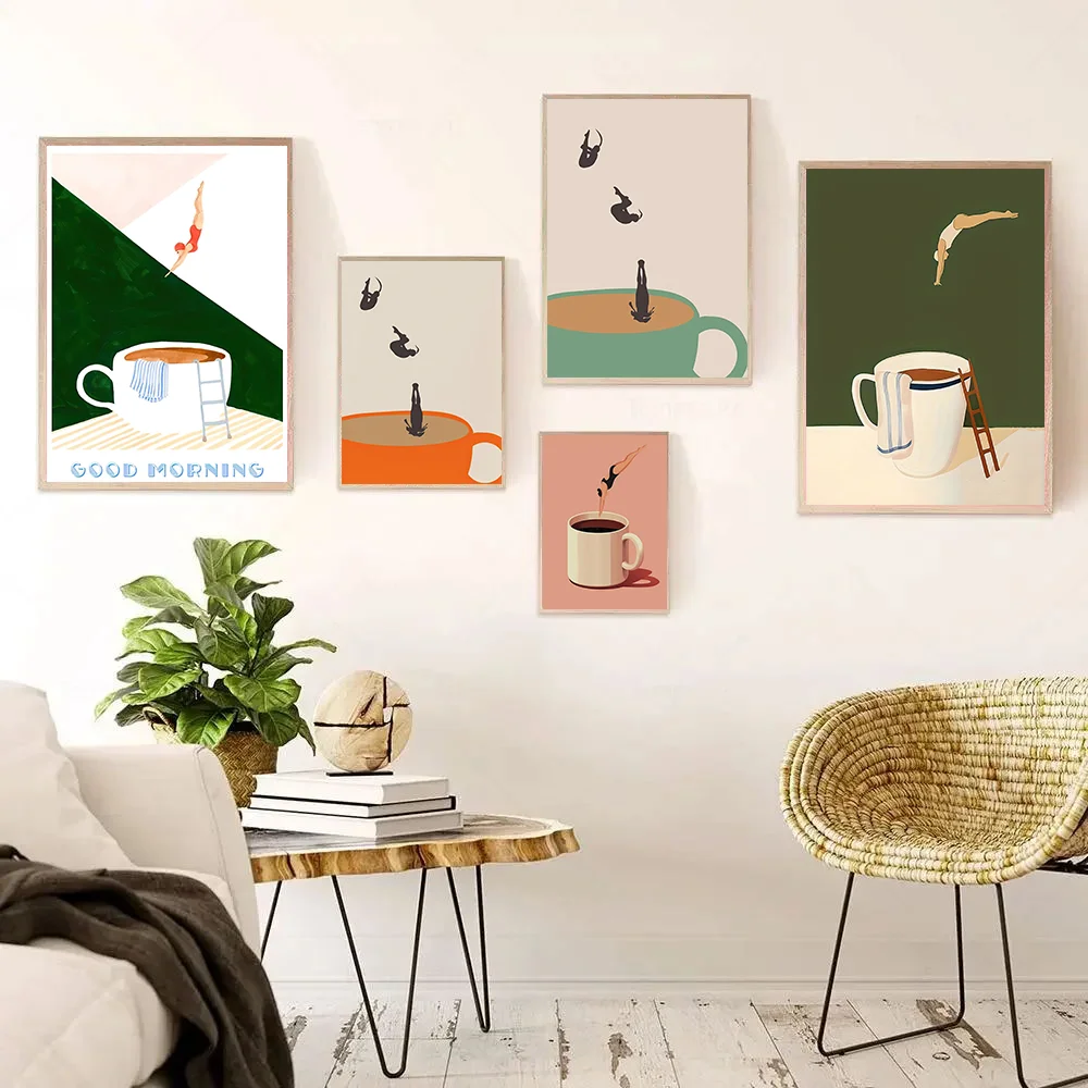 Surreal Coffee Cup Diving Leinwanddruck – kreative minimalistische Illustrationskunst – skandinavische Heimdekoration, Wandposter, ungerahmt