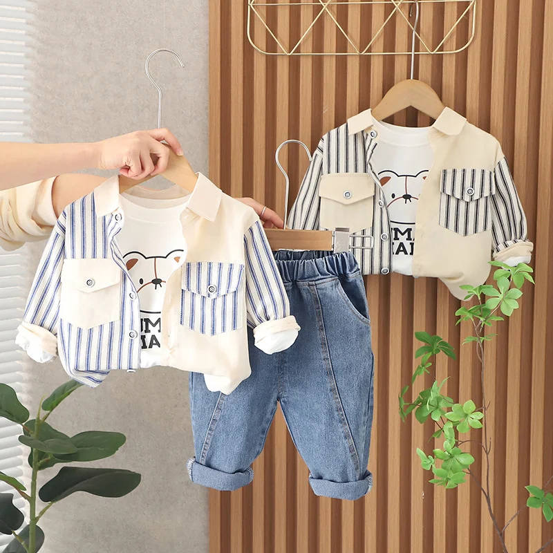 New Spring Autumn Baby Clothes Suit Children Boys Striped Jacket T-Shirt Pants 3Pcs/Sets Toddler Casual Costume Kids Tracksuits