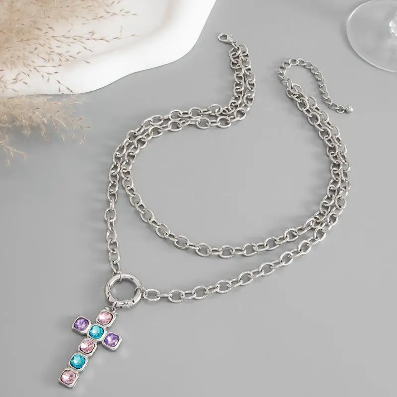 Kreuzanhänger-Halskette mit Bunten Glas-Strasssteinen, Trendiger Exquisiter Halloween-Schmuck für Damen-Accessoires – Detail 11