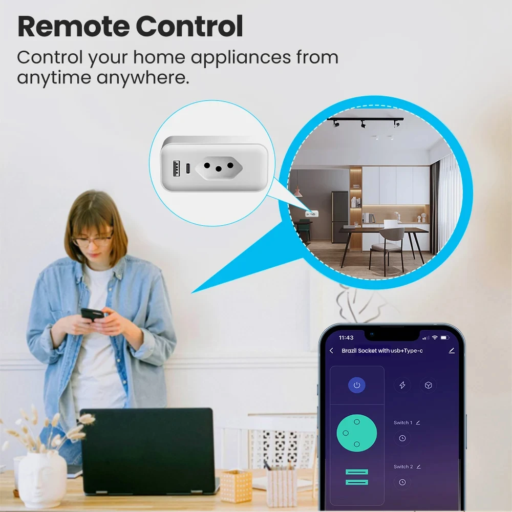 AVATTO WiFi Smart Brazil Plug With Power Monitor 16A/20A With USB Type C Smart Socket Outlets Works With Alexa Google Home